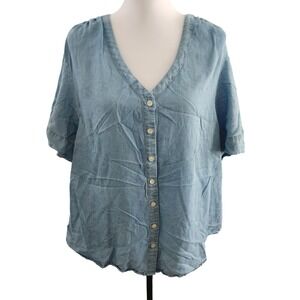 Workshop Republic Clothing Denim Chambray‎ V Neck Button Front Top Women 1X